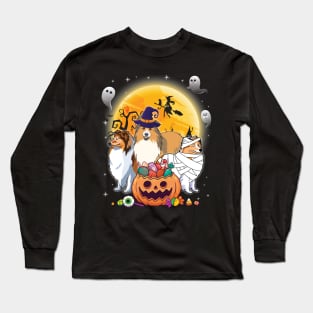 Sheltie Dog Mummy Witch Moon Ghosts Happy Halloween Thanksgiving Merry Christmas Day Long Sleeve T-Shirt